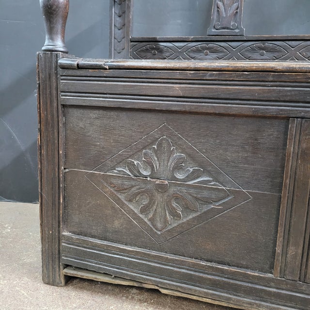 English Antique Oak Carved Bench/Settle With Storage Base For Sale - Image 4 of 18