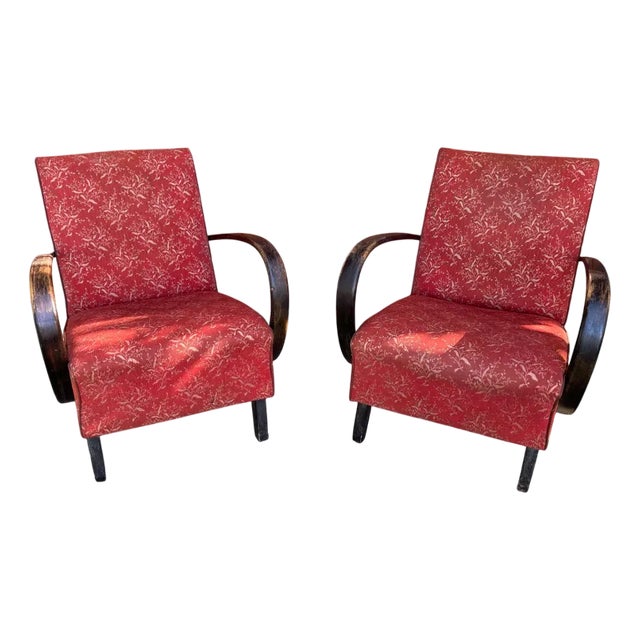 Set of Red Lounge Chairs by Jindrich Halabala for Up Zavody, 1930s For Sale