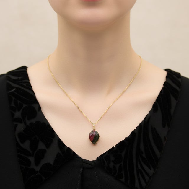 14k Gold Watermelon Tourmaline Carved Leaf Pendant For Sale - Image 9 of 9