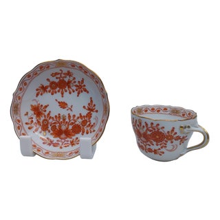 Indian Painting Coral Red Demitasse Mokka Cup and Saucer Duo from Meissen Porcelain, 1950s For Sale