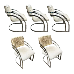 Milo Baughman Style Cantilever Dining Chairs in White and Chrome - Set of 5