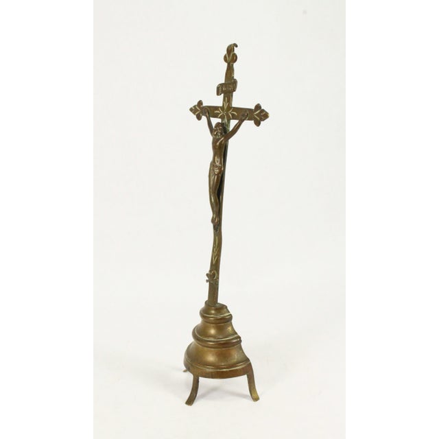 Religious 18th /19th C. Brass Crucifix Corpus Christi on Tripod Stand For Sale - Image 3 of 12
