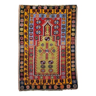 Vintage Turkish Kilim Rug, Flat-Woven Prayer Pattern, Yellow & Green, 4x6 For Sale