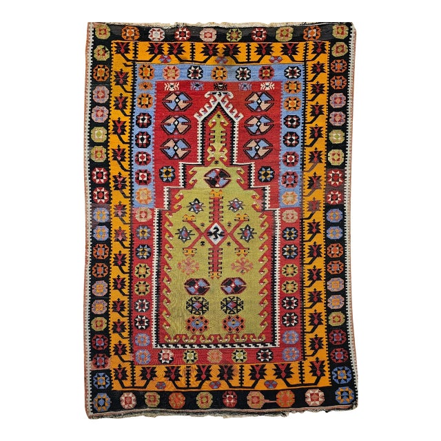 Vintage Turkish Kilim Rug, Flat-Woven Prayer Pattern, Yellow & Green, 4x6 For Sale
