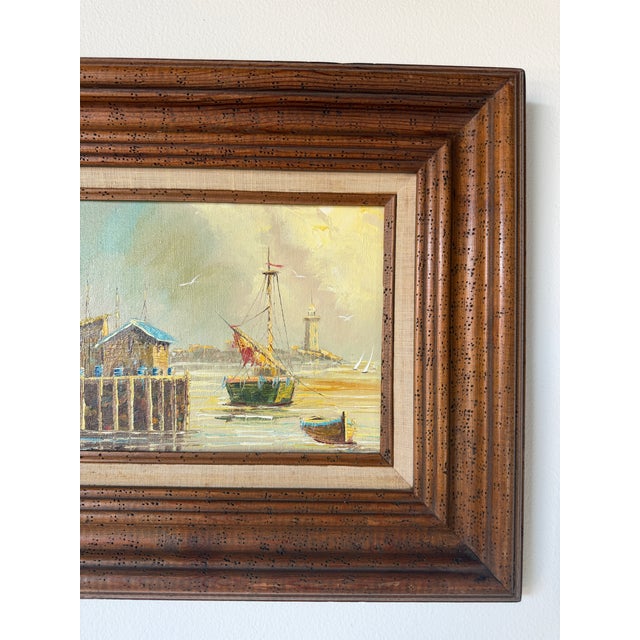 1960s Vintage Coastal Harbor & Lighthouse Oil Painting on Plywood – Framed For Sale In Miami - Image 6 of 13