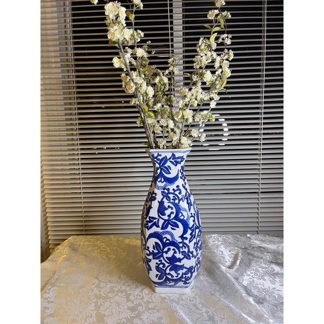 Large 14" Vintage Chinese Blue and White Hexagonal Vase - Scrolling Lotus Design For Sale - Image 4 of 10