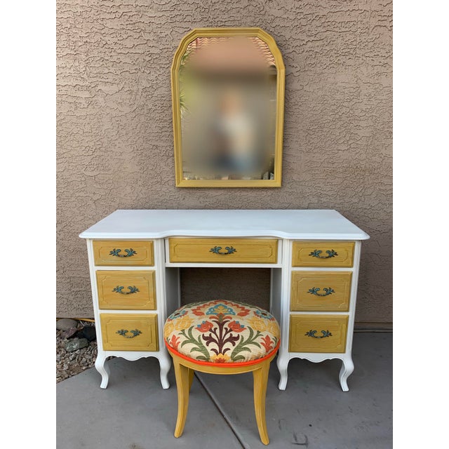 1930's French Country Vanity With Matching Mirror and Stool 3 Pieces