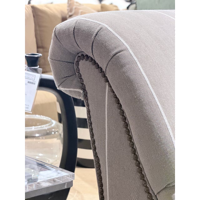Late 20th Century Pair of Bassett Neutral Pinstripe Linen Nailhead Accent Chairs With Casters For Sale In New York - Image 6 of 11