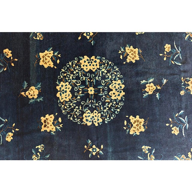 Textile 1920s Blue Navy Floral Medallion Deco Oriental Antique Peking Chinese Rug For Sale - Image 7 of 10