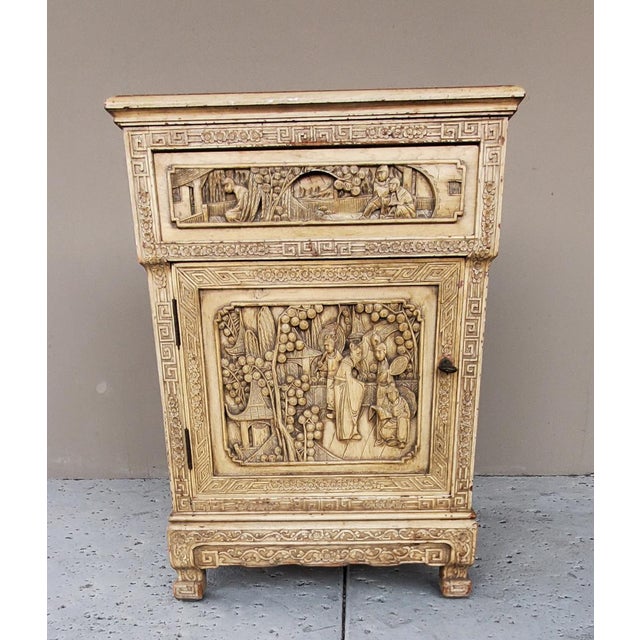 1920s 1920s Antique Chinese Wooden Bedside Cabinet With Carved Chinese Scenery For Sale - Image 5 of 12