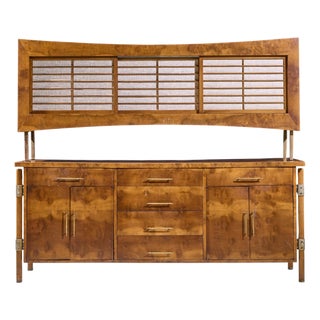 Harold Schwartz for Romweber Mid Century Burlwood and Brass Credenza and Hutch For Sale