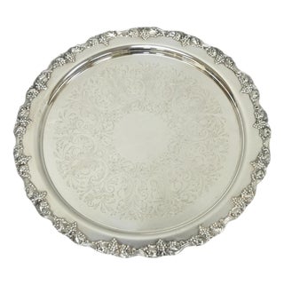 Vintage Victorian Silver Plated Grapevine Repousse 20" Round Serving Platter For Sale