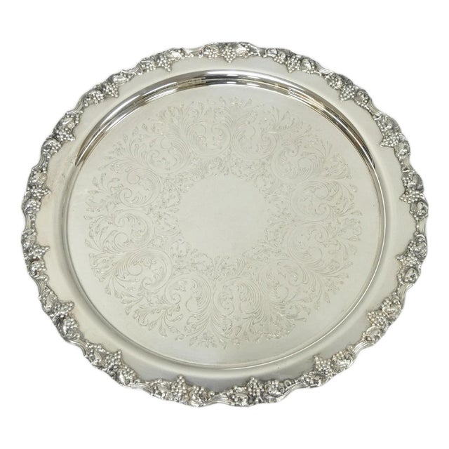 Vintage Victorian Silver Plated Grapevine Repousse 20" Round Serving Platter For Sale