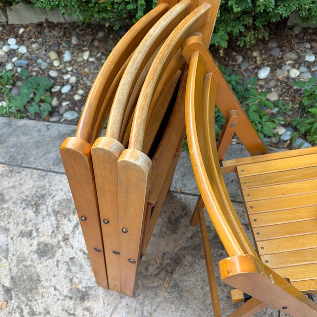 Mid-Century Modern Nevco Wood Slat Folding Chairs — Set of 4 For Sale - Image 9 of 9