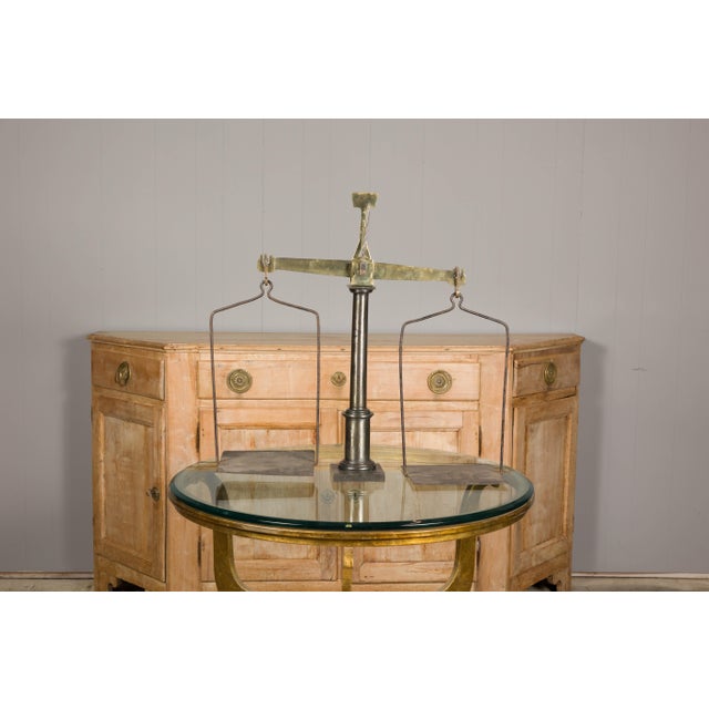 Large French 19th Century Brass and Steel Scale with Weighing Pans and Column For Sale In Atlanta - Image 6 of 12