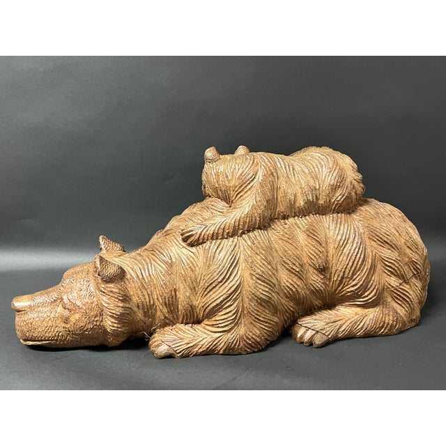 Brown Vintage Large Hand Carved Wooden Bear and a Cub Sculptural Figure For Sale - Image 8 of 11