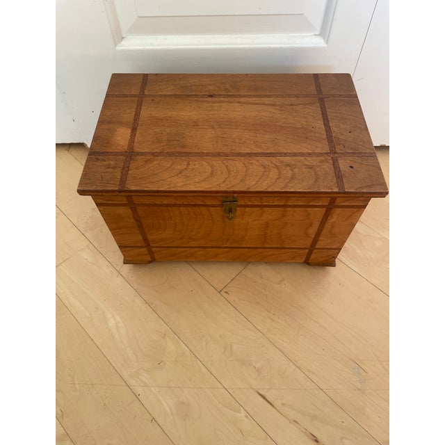 Brown Vintage Small Table Top Chest Trunk Wooden Box With Inlay Trim For Sale - Image 8 of 12