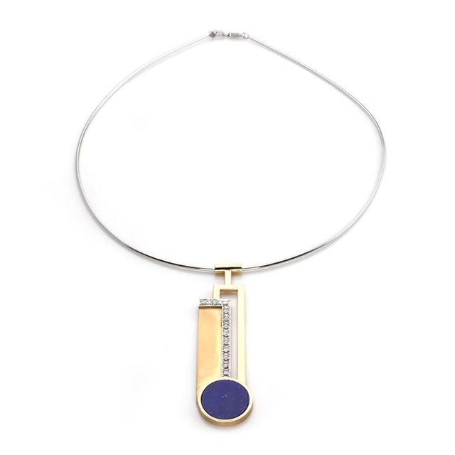 Contemporary Mid 20th Century Diamond Lapis 18k Yellow & White Gold Fancy Long Pendant & Cable Necklace For Sale - Image 3 of 5