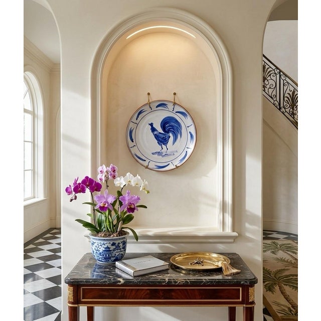 Italian Hand-Painted Blue Rooster Ceramic Serving Bowl For Sale - Image 12 of 12