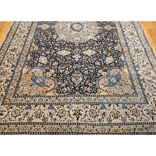 Vintage Persian Nain Area Rug, Hand-Knotted Wool & Silk, Floral Pattern, 9x13, Navy & Ivory For Sale - Image 13 of 18