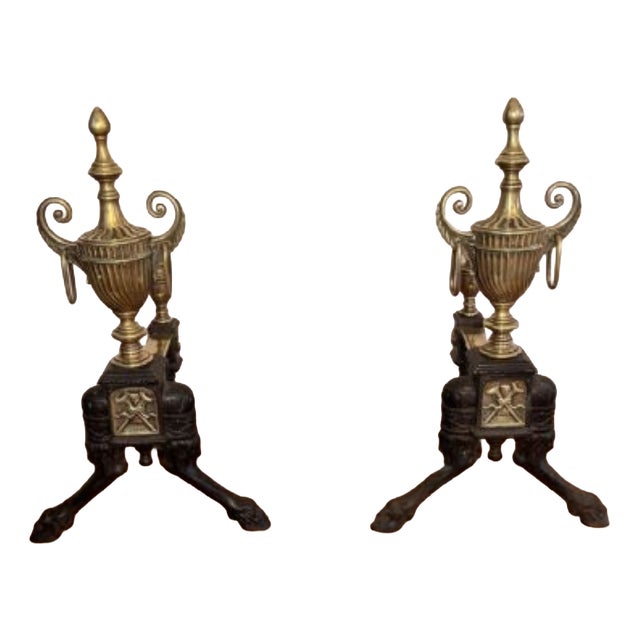 Antique Victorian Brass and Iron Fire Dogs, 1860, Set of 2 For Sale