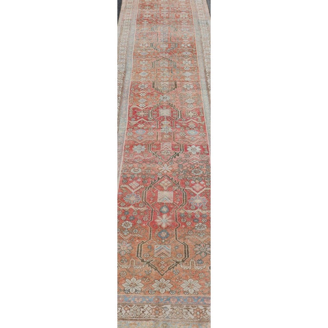 Early 20th Century Malayer Antique Runner in Gray Blue, Coral, and Cream With All-Over Design 3'4 X 14'7 For Sale - Image 5 of 11