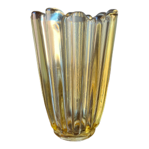 Vintage Fostoria Celestial Amber Yellow Glass Vase Ribbed and Fluted Design