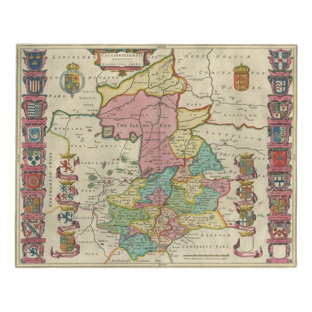 Antique Map of Cambridgeshire & Cambridge from Joan Blaeu, 1645 For Sale