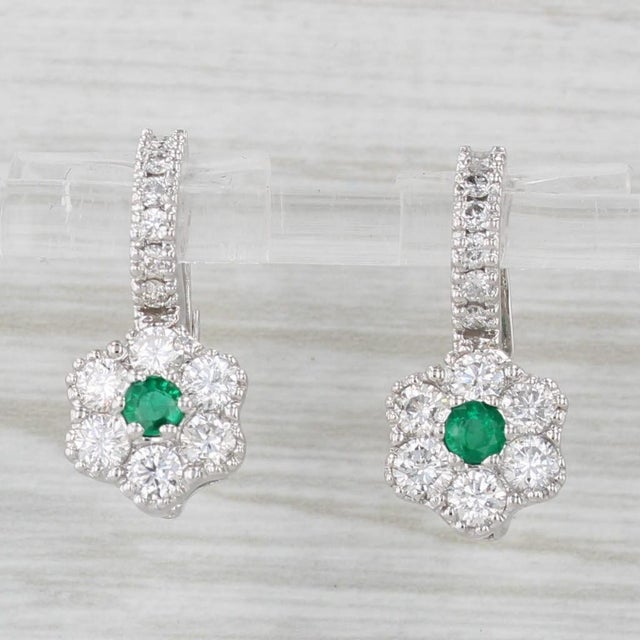 Modern 1.70ctw Emerald Diamond Flower Drop Earrings 14k White Gold Lever Backs For Sale - Image 3 of 5