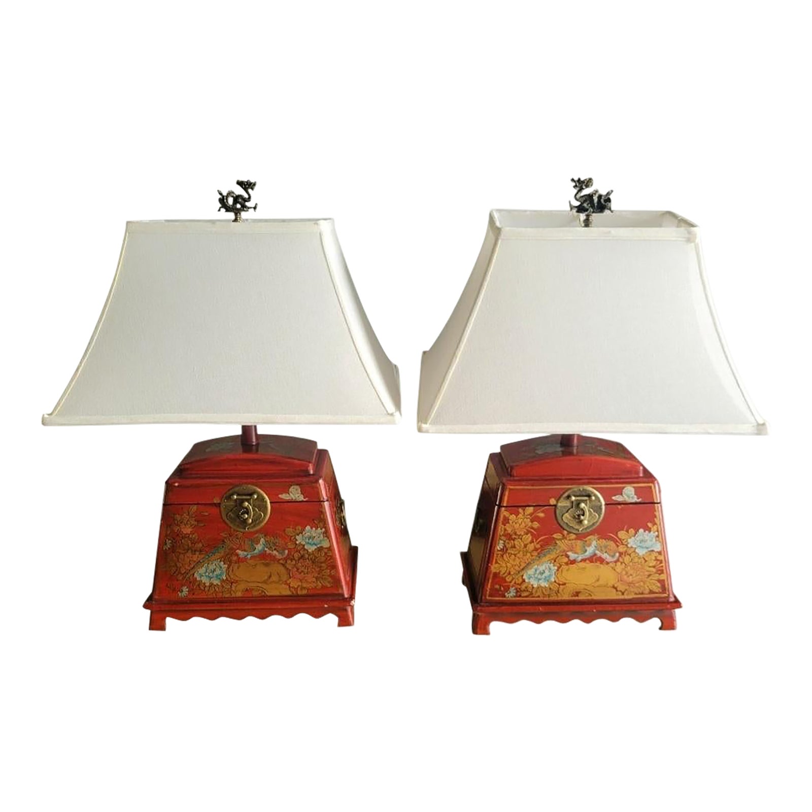Vintage Chinoiserie Chinese Red Blue Wood Bird Box Painted Table