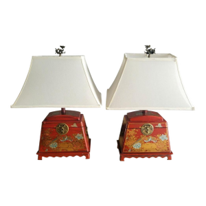 Vintage Chinoiserie Chinese Red Blue Wood Bird Box Painted Table Lamps- A Pair