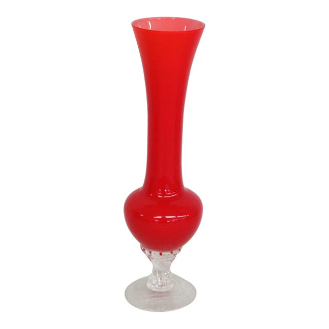 Ruby Red Glass Vase With Clear Cut Pedestal Base Mid Century Modern Style 4883b For Sale