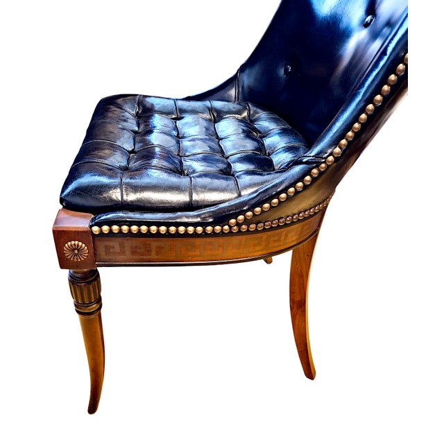 Mid 20th Century Neoclassical-Style Tufted Leather Side Chair With Greek Key Trim For Sale - Image 5 of 10