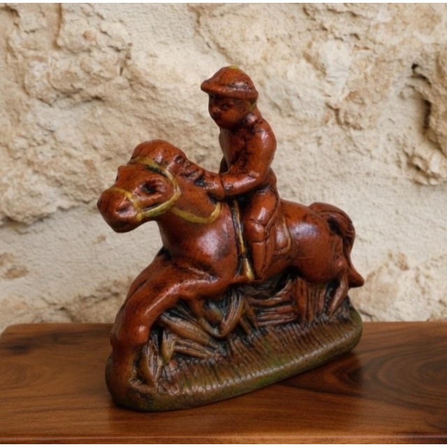 Horse Equestrian Chalkware Sculpture in Pennsylvania Redware Finish Cast From Antique Metal Mold For Sale - Image 4 of 5