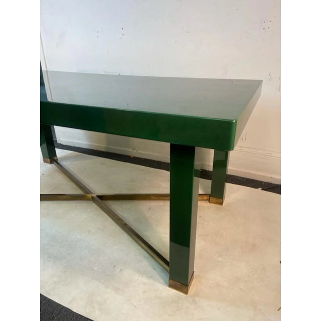 Modern 1980s Paolo Gucci Modernist Deep Green Lacquered Wood & Brass X Base Dining Table For Sale - Image 3 of 10
