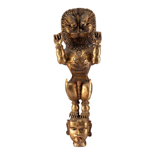 Antique Early 20th Century Yali Gilt Wood South India Indian Simha Lion Statue Wall For Sale