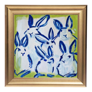Blue Bunny Painting Original Art Framed Gold, Bunny Wall Art, Preppy Chinoiserie Decor by Tatiana Duperault
