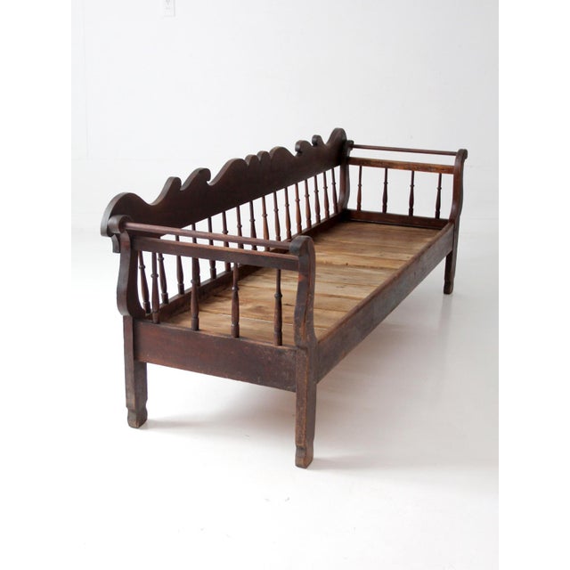 Antique 19th Century Wooden Spindle Back Bench With Scalloped Crest Rail For Sale - Image 10 of 18