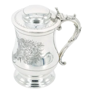 English Silver Plate Engraved Exterior Queen Anne Tankard