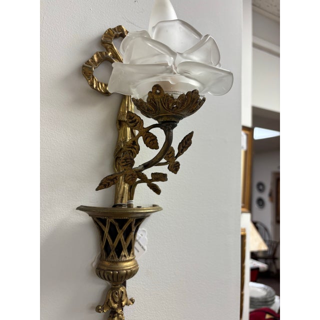 Beautiful vintage brass 20th century french style wall sconces with Rose glass shade, a second one comes with the sconce.