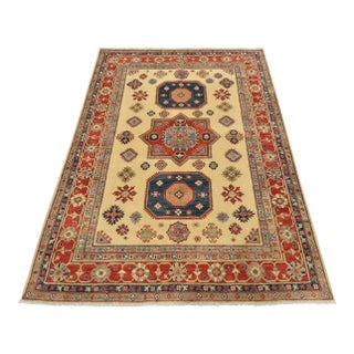 Kazak Rug 5’8” X 7’7” Beige Wool Tribal Hand-Knotted Oriental Carpet For Sale