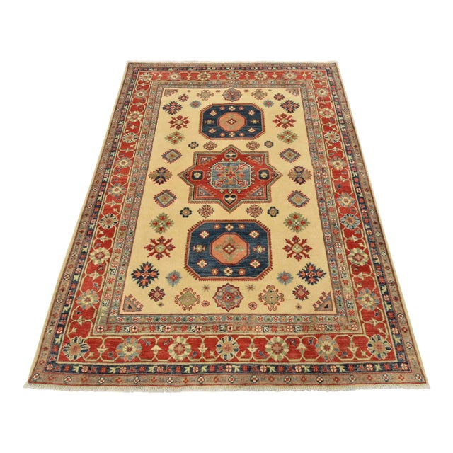 Kazak Rug 5’8” X 7’7” Beige Wool Tribal Hand-Knotted Oriental Carpet For Sale
