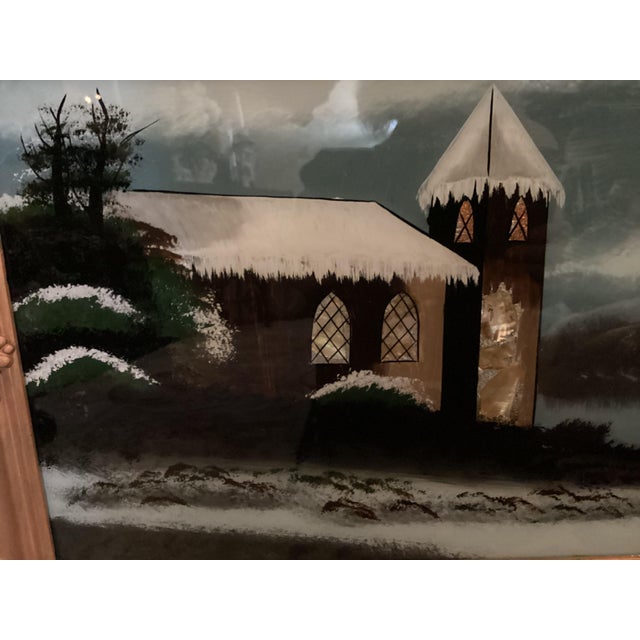 Late 19th Century Antique Large Fancy Frame Reverse Painted Picture Catholic Church 47.25” X 19.25 Lovely Evening Moonshine Off Lake For Sale - Image 5 of 17