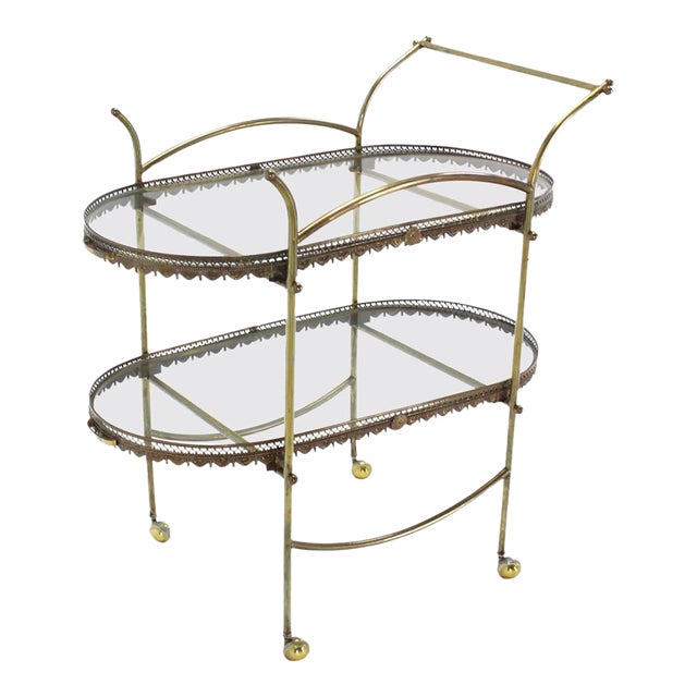 Two Tier Brass & Glass Serving Cart Table with Removable Serving Trays For Sale