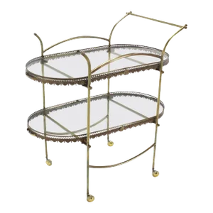 Two Tier Brass & Glass Serving Cart Table with Removable Serving Trays