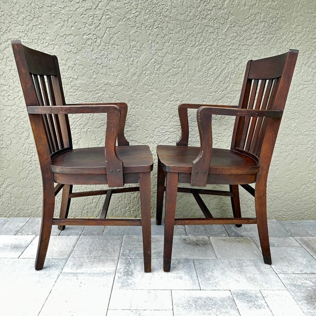Traditional Vintage Wood Courthouse Chairs by Monroe Benbrook & Co. Chicago Set of 2 For Sale - Image 3 of 12