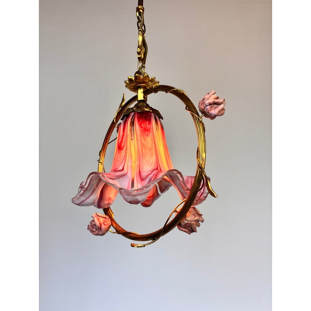 ⁠1970s Vintage Italian Pink Murano Ruffled Glass and Ceramic Rose Chandelier⁠ For Sale - Image 14 of 17