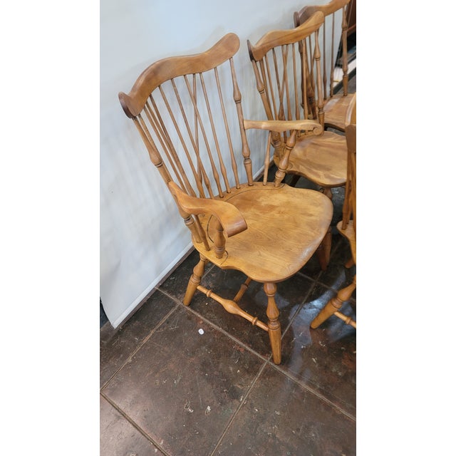 American Nichols & Stone Windsor Traditional Fiddleback Maple Dining Chairs Set Six 1960s For Sale - Image 3 of 10