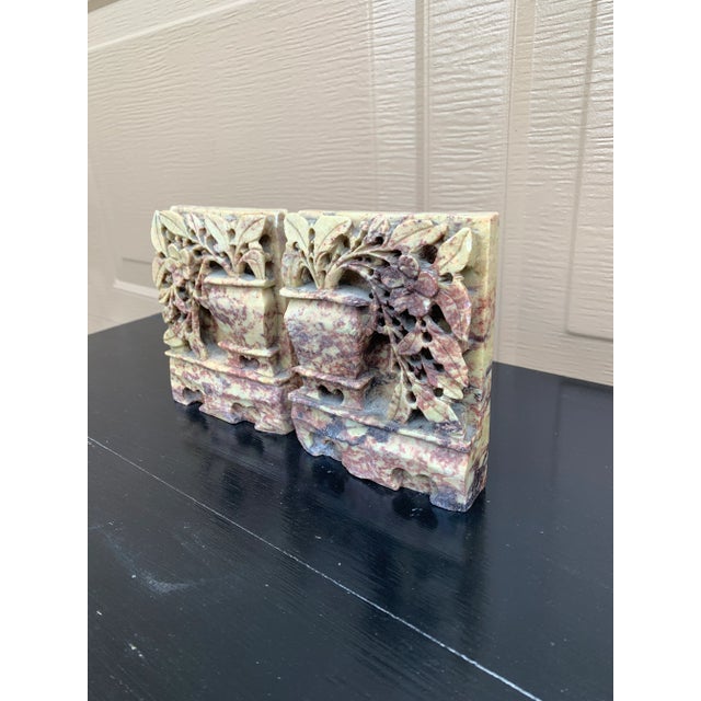 Antique Chinese Art Deco Carved Soapstone Floral Bookends, Pair For Sale - Image 4 of 13