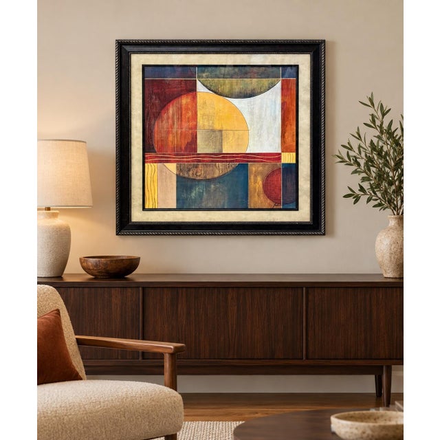 A signed and framed print of a striking mid century modern painting with vibrant colors and geometric design. The artist's...